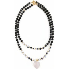 Kadın Siyah Beyaz Akik Taşlı Selenit Taşlı Kalp Şeklinde Sallantılı El Yapımı Ikili Doğal Taş Kolye