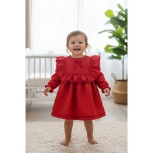 Bertuğ Bebek Dantelli ve Fırfırlı Kabartmalı Krep Kırmızı Kız Çocuk Bebek Elbise