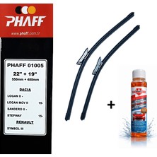 Phaff Renault Symbol 3 (2015-2020) Ön Silecekleri (Sol Sağ 550MM+480MM) ve Börfh 32 ml Konsantre Cam Suyu Şampuanı Seti