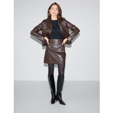 Jimmy Key Kahverengi Dar Kesim Deri Görünümlü Normal Bel Mini Etek