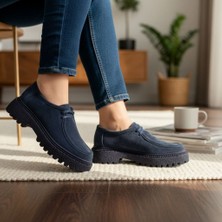 Ne&Ve Shoes Lacivert Süet Hakiki Deri Bağcıklı Lacivert Tabanlı Kadın Günlük Casual Ayakkabı