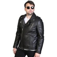 Asyaclub Derije Modric Hakiki Deri Erkek Biker Siyah Motorcu Tarzı Mont