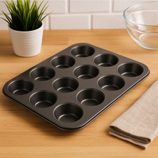 PremiumPort Siyah 12'li Muffin Kek Kalıbı 26X38 Cm, Pratik ve Dayanıklı Tasarım
