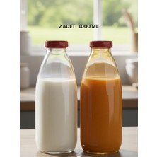 PremiumPort 2 Adet 1000 ml Kırmızı Kapaklı Şeffaf Cam Süt ve Limonata Sulukları