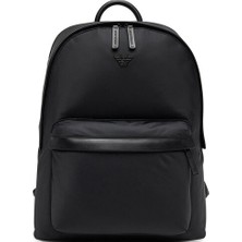 Emporio Armani Erkek Metalik Logo Rozetli Fermuarlı Ön Cepli Ayarlanabilir Askılı Siyah Sırt Çantası EM001795 AF13454-UC001