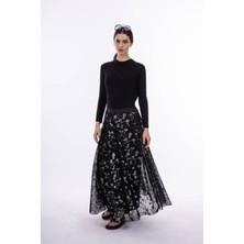 By Özlem Yazan Simli Lastik Bel Detaylı File Kumaş Kloş Kesim Astarlı Uzun Kadın Etek