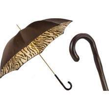 Pasotti Kaplan Çizgili Iç Yüzeye Sahip, Çift Kat Kumaştan Kahverengi Şemsiye Manuel Açma - %100 Polyester - Deri Sap Uzunluk: 93 cm - Çap: 102 cm