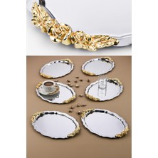 PremiumPort 6'lı Gümüş Oval Gül Motifli Kahve-Çay Sunum Tepsisi 25X20 cm