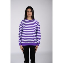 Defy's Helen Kadın Tüylenme Yapmayan Organik Pamuklu 2 İplik Yuvarlak Yaka Oversize Çizgili Mor Sweatshirt