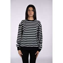 Defy's Helen Kadın Tüylenme Yapmayan Organik Pamuklu 2 İplik Yuvarlak Yaka Oversize Çizgili Siyah Sweatshirt