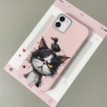 HONTINGA iPhone 12 ile Uyumlu Kılıfı Deri Dokusu Anti Düşme Yumuşak Silikon Telefon Kılıfı Komik Kedi Desen K7-3089