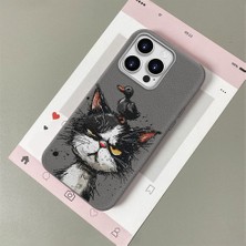 HONTINGA iPhone 14 Pro Max ile Uyumlu Kılıfı Deri Dokusu Anti Düşme Yumuşak Silikon Telefon Kılıfı Komik Kedi Desen K7-3089