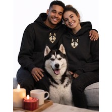 Muhtar Store Sevgililer Günü Özel Husky Figürlü Unisex Siyah Hoodie – Patili Aşk Temalı Kapüşonlu Sweatshirt