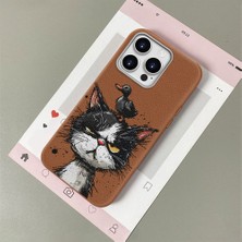 HONTINGA iPhone 15 Pro ile Uyumlu Kılıfı Deri Dokusu Anti Düşme Yumuşak Silikon Telefon Kılıfı Komik Kedi Desen K7-3089