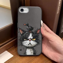 HONTINGA iPhone 7 ile Uyumlu Kılıfı Deri Dokusu Anti Düşme Yumuşak Silikon Telefon Kılıfı Komik Kedi Desen K7-3089