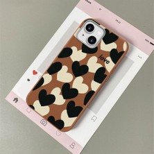 HONTINGA iPhone 15 Plus ile Uyumlu Kılıfı Deri Dokusu Anti Düşme Yumuşak Silikon Telefon Kılıfı Kalp Desen K7-3090