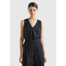 United Colors Of Benetton Siyah Kadın / Kız KDN_%100 Keten V Yaka Kolsuz Geniş Kesim Bluz Model Kodu: ( 5BMLDQ06WSIYAH)