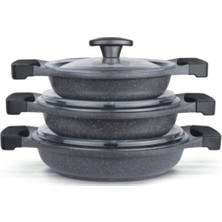 PremiumPort Dayanıklı Granit 3'lü Sahan Seti, Şık Gri Kapaklı, Pratik Kullanım