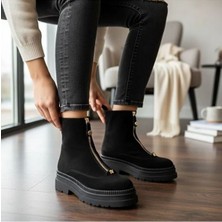 Ne&Ve Shoes Siyah Süet Hakiki Deri Gold Aklsesuarlı Önden Metal Fermuarlı Kadın Kalın Tabanlı Bot