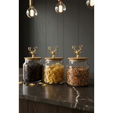 PremiumPort 3’lü Bambu Kapaklı Metal Geyik Figürlü Cam Kavanoz Seti 635CC