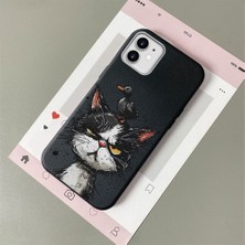 HONTINGA iPhone 11 ile Uyumlu Kılıfı Deri Dokusu Anti Düşme Yumuşak Silikon Telefon Kılıfı Komik Kedi Desen K7-3089