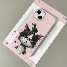 HONTINGA iPhone 15 Plus ile Uyumlu Kılıfı Deri Dokusu Anti Düşme Yumuşak Silikon Telefon Kılıfı Komik Kedi Desen K7-3089