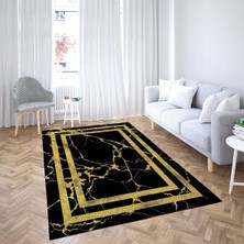 Bona Fortuna Mermer Desenli Yıkanabilir Gold Çerçeveli Kaymaz Taban Salon Halı ve Yolluk