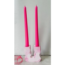 Birmiamu Mermer Desenli Dekoratif Mumluk & 2’li Uzun Pembe Şamdan Mum Seti – El Yapımı