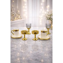 Yzhome 2 Kişilik Porselen Platin Gold Fincan Takımı Seti ve 2 Porselen Lokumluk ve 2 Cam Bardak