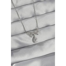 Moresun Buğz 316L Çelik Gümüş Renk Zirkon Taşlı Fiyonk Detay Damla Kolye