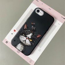 HONTINGA iPhone 8 ile Uyumlu Kılıfı Deri Dokusu Anti Düşme Yumuşak Silikon Telefon Kılıfı Komik Kedi Desen K7-3089