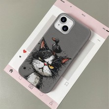 HONTINGA iPhone 15 Plus ile Uyumlu Kılıfı Deri Dokusu Anti Düşme Yumuşak Silikon Telefon Kılıfı Komik Kedi Desen K7-3089