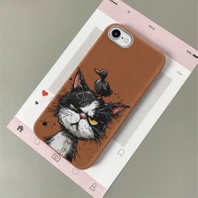 HONTINGA iPhone 8 ile Uyumlu Kılıfı Deri Dokusu Anti Düşme Yumuşak Silikon Telefon Kılıfı Komik Kedi Desen K7-3089