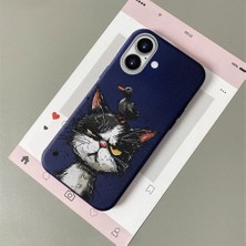 HONTINGA iPhone 16 ile Uyumlu Kılıfı Deri Dokusu Anti Düşme Yumuşak Silikon Telefon Kılıfı Komik Kedi Desen K7-3089