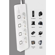 Ecuy 4'lü Ayrı Anahtarlı Akım Korumalı Priz 4000 Watt 16 Amper, 1400 Joule 2 Metre Kablolu Grup Priz