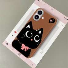 HONTINGA iPhone 16 ile Uyumlu Kılıfı Deri Dokusu Anti Düşme Yumuşak Silikon Telefon Kılıfı Kedi Desen K7-3095