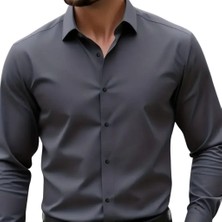 Vahik Erkekler İçin Antrasit Pamuklu Saten Gömlek Slim Fit Casual Stil