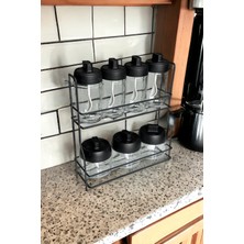 PremiumPort Şık Siyah Metal Standlı 7'li Cam Kavanoz ve Baharatlık Seti