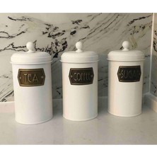 PremiumPort Galvaniz 22X11CM 3'lü Çay, Şeker, Kahve Kavanozu Beyaz