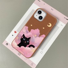 HONTINGA iPhone 15 Plus ile Uyumlu Kılıfı Deri Dokusu Anti Düşme Yumuşak Silikon Telefon Kılıfı Kedi Desen K7-3092