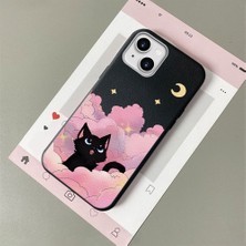 HONTINGA iPhone 15 Plus ile Uyumlu Kılıfı Deri Dokusu Anti Düşme Yumuşak Silikon Telefon Kılıfı Kedi Desen K7-3092