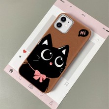 HONTINGA iPhone 12 ile Uyumlu Kılıfı Deri Dokusu Anti Düşme Yumuşak Silikon Telefon Kılıfı Kedi Desen K7-3095