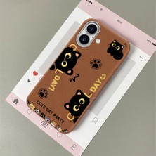 HONTINGA iPhone 16 ile Uyumlu Kılıfı Deri Dokusu Anti Düşme Yumuşak Silikon Telefon Kılıfı Kedi Desen K7-3094