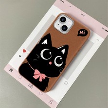 HONTINGA iPhone 15 ile Uyumlu Kılıfı Deri Dokusu Anti Düşme Yumuşak Silikon Telefon Kılıfı Kedi Desen K7-3095