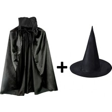 TE Dükkan Buğz Siyah Yakalı Pelerin ve Siyah Cadı Şapkası Seti Çocuk Boy