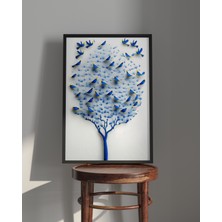 Rosa Art Tablo - Ahşap Çerçeveli Tablo - Çerçeveli Poster-Soyut, Minimal, Mavi Kuşlar ve Ağaç Temalı Modern