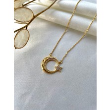 Modesa Bijuteri Ay Yıldız Çelik Gold Kolye- Kutulu Gönderim