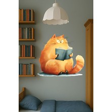 Aysha Tasarım Dekoratif Duvar Sticker – Sevimli Kedi Kitap Okuyor Figürlü Kütüphane & Okuma Alanı Duvar Sticker