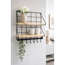 Nasyonel Toys Çift Ahşap Raflı Metal Duvar Rafı | 5 Kancalı | Mutfak & Banyo Organizer