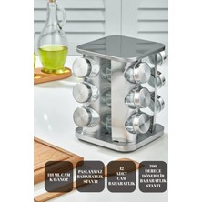 PremiumPort 12'li 360 Dönebilen Paslanmaz Cam Baharat Seti, Krom Kare Standlı